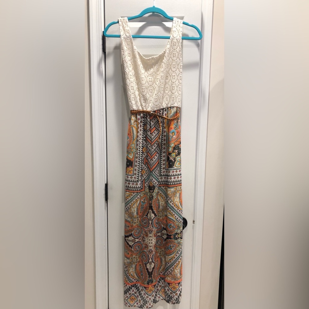 Crochet Bodice Maxi Dress with Orange Paisley Skirt and belt
